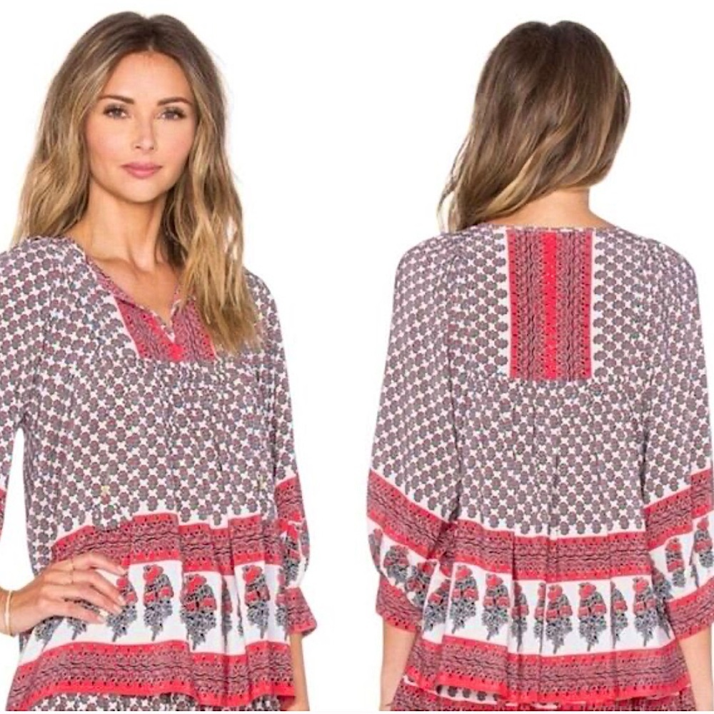 Ulla Johnson | Women's Red/Black/White Print Bea 100% silk boho peasant top sz 2